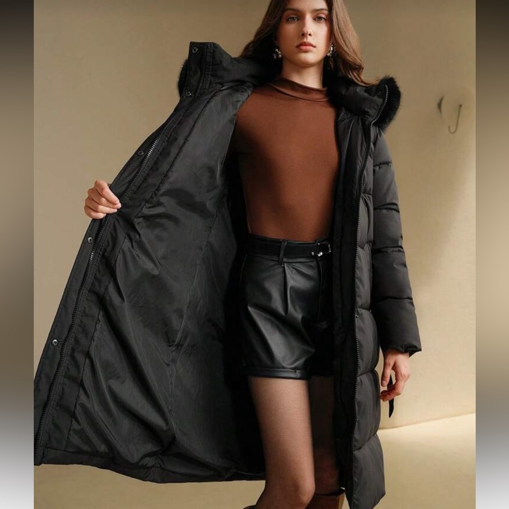 Faux fur lined hooded quilted puffer jacket long full length coat belted black - Picture 6 of 13
